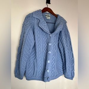 Aran Crafts blue 100% Merino Wool Knit Buttoned vintage  Cardigan Sweater XL